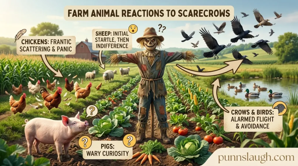 Farm animal reactions to scarecrow